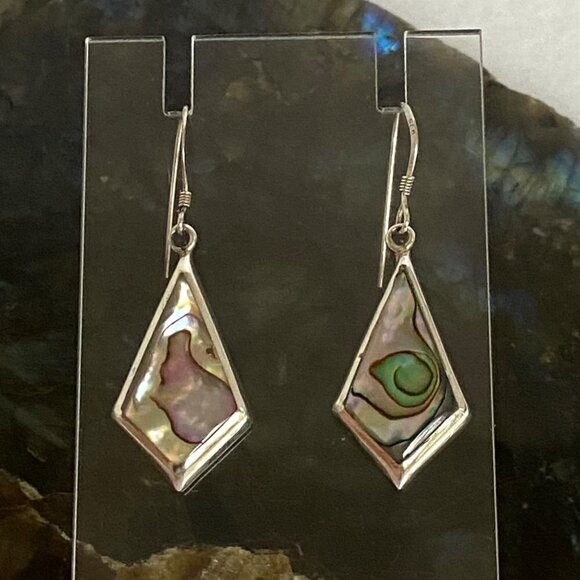Sterling Silver 925 1.68" Kite Shaped Abalone Shell Inlay Dangle Earrings - Picture 2 of 16